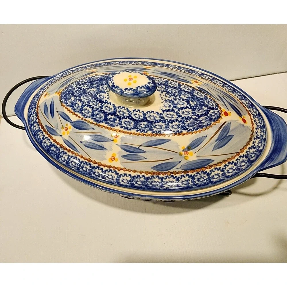 Temp-Tations Old World Blue  Oval 3.5‎ qt Casserole Dish with Lid  & Rack